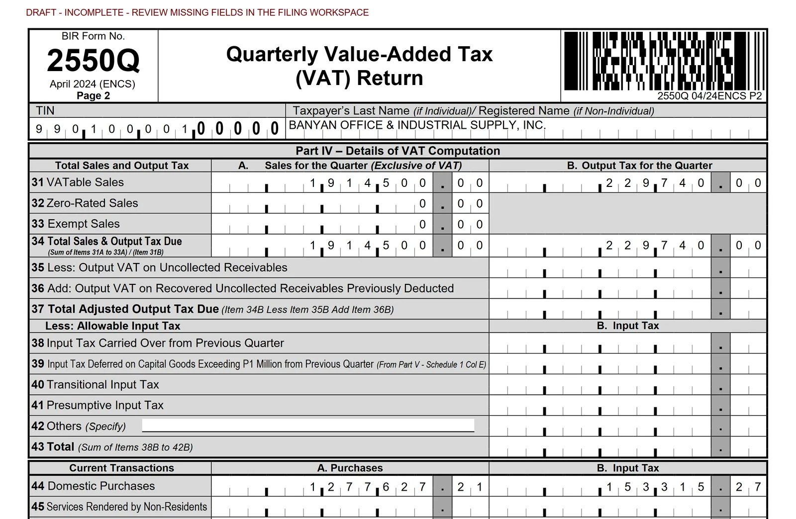 The same page filled in by Mage for Q3 2026 under a DRAFT - INCOMPLETE header: VATable sales and output VAT in items 31A and 31B, domestic purchases and input VAT in items 44A and 44B, and the items left for you to complete still blank.
