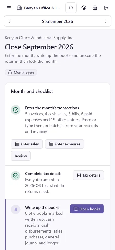 Mage's month-end screen on a phone: Close September 2026, the month still open, and the month-end checklist with its first step, entering the month's transactions, done