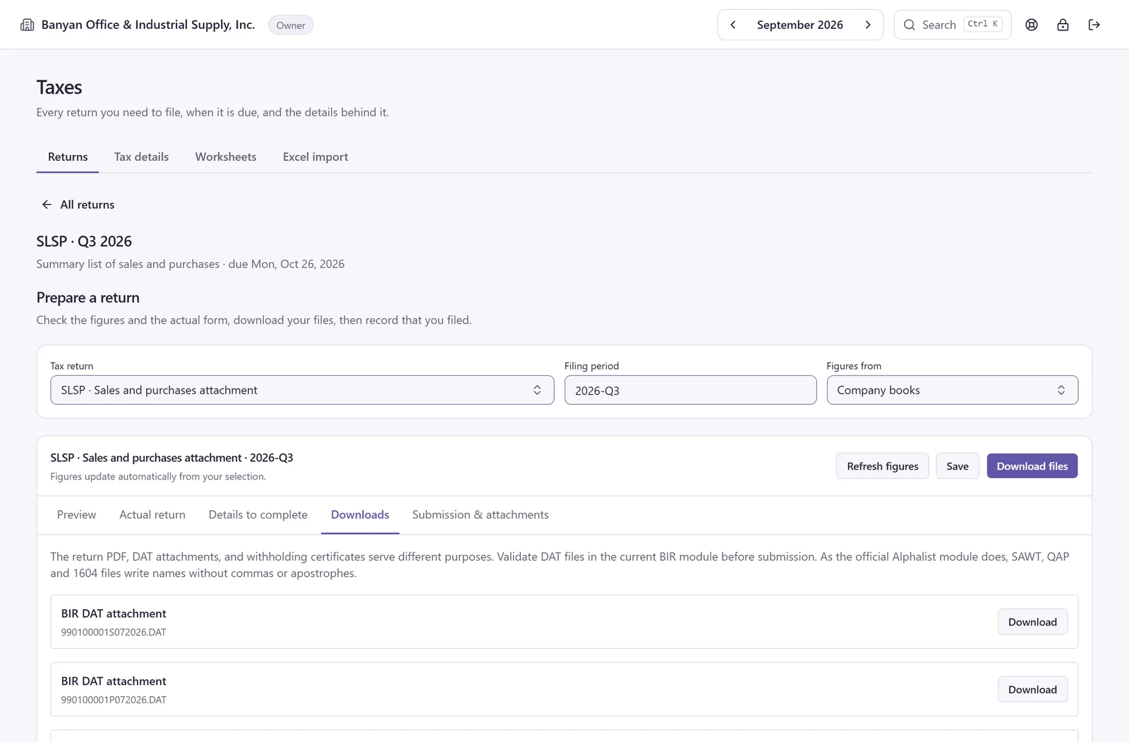 The SLSP return for Q3 2026 on its Downloads tab, listing the summary lists of sales and purchases as BIR DAT attachments, each with a Download button.